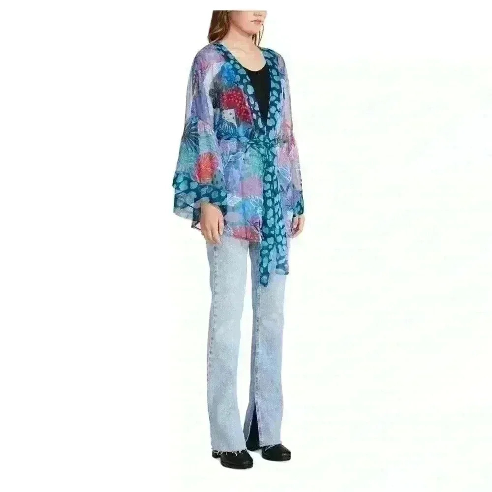 NWT Steve Madden Womens Tropical Jungle Tie Front Kimono Grap Blue Tropical OS - Picture 4 of 9